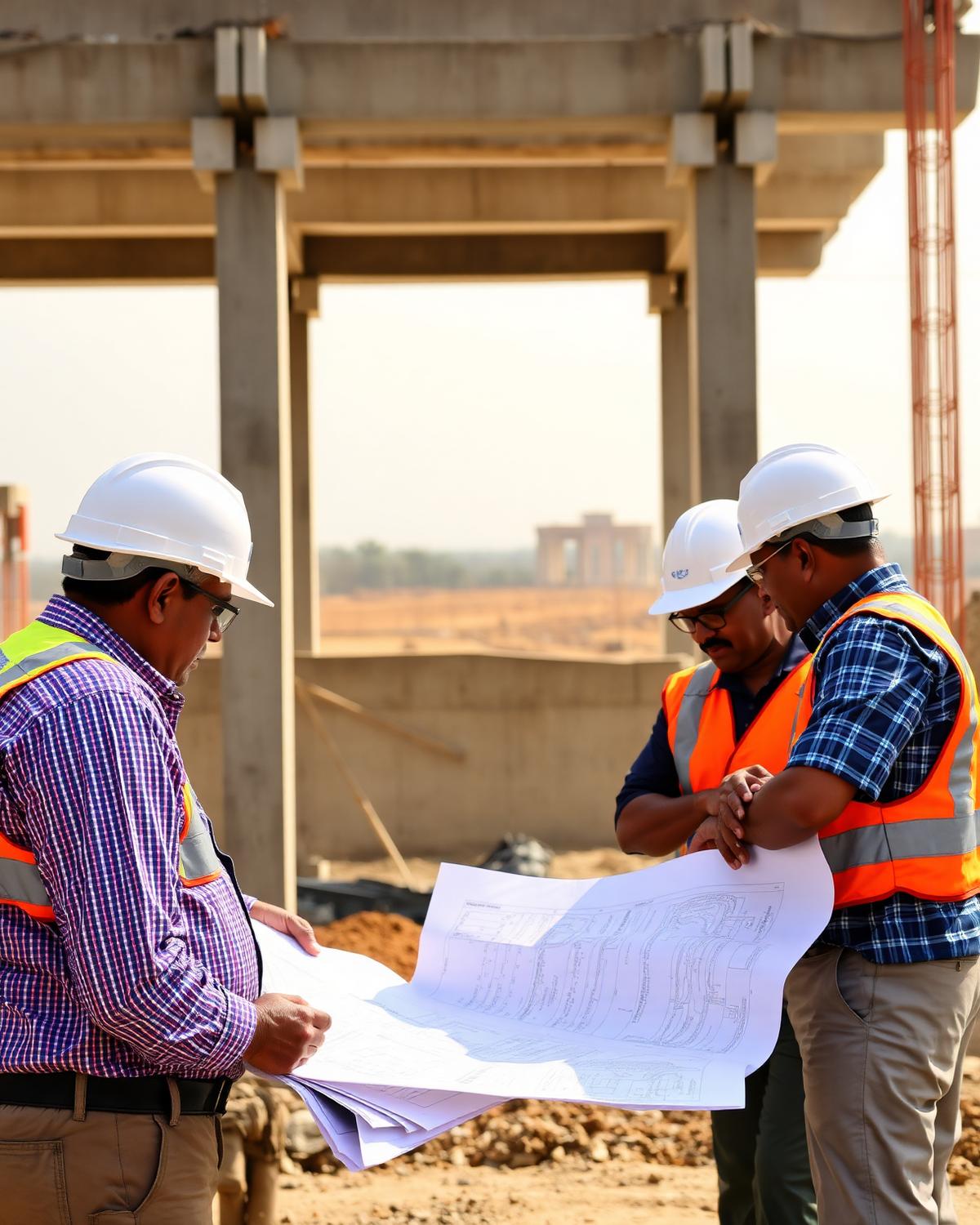 Engineers reviewing construction drawings on site