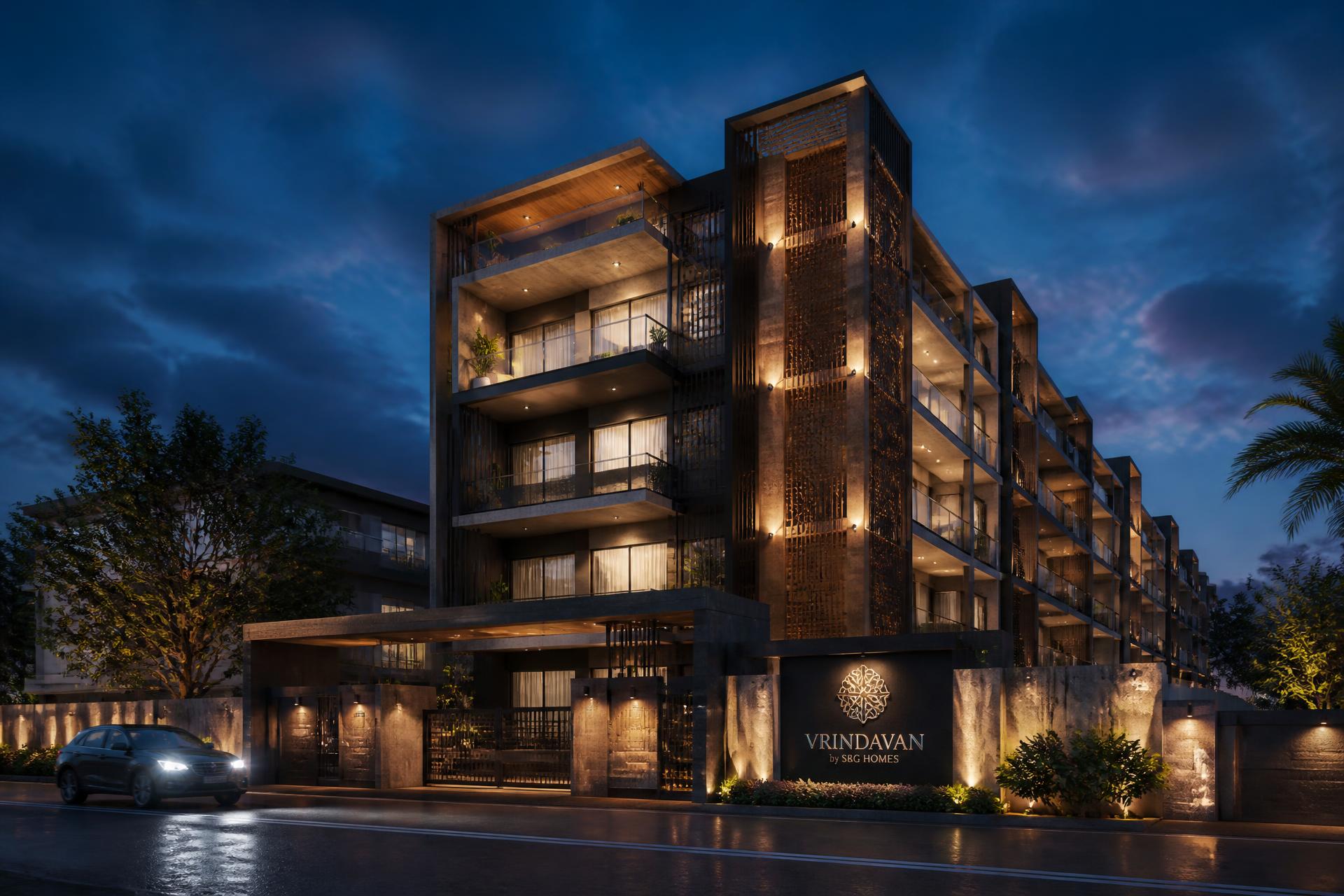 Illuminated modern residential building at dusk